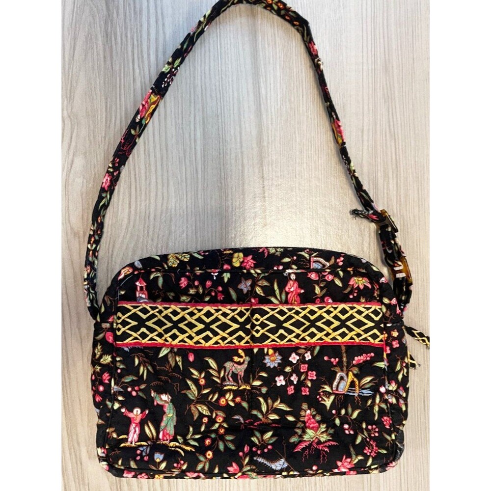 Vera Bradley Quilted Shoulder Bag Black Floral Ming Garden Print Cotton Handbag